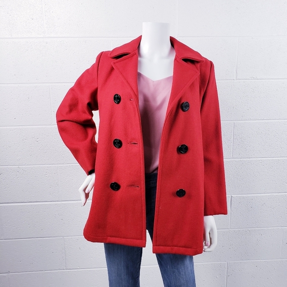 Vintage Lands' End Direct Merchants Red Wool Anchor Button Peacoat Size Medium - Picture 5 of 9